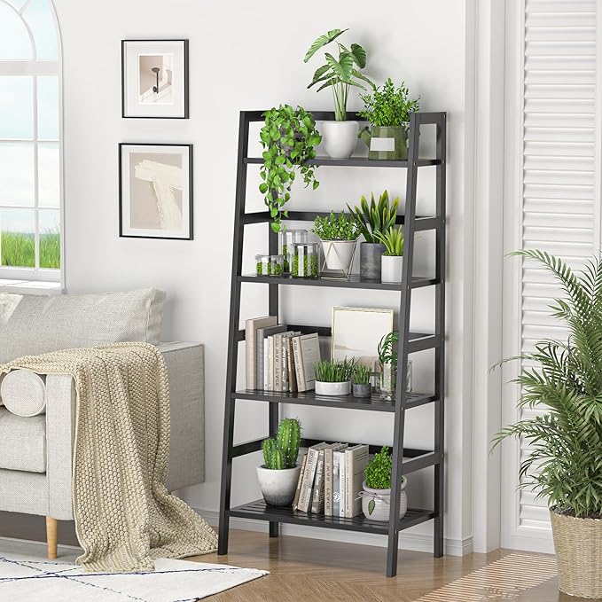 Homykic Bamboo Bookshelf 4-Tier Ladder Shelf, 49.2” Freestanding Open Bookcase Book Shelf Bathroom Storage Shelf Unit Plant Stand for Small Space, Living Room, Bedroom, Home Office, Black - LeafyLoom