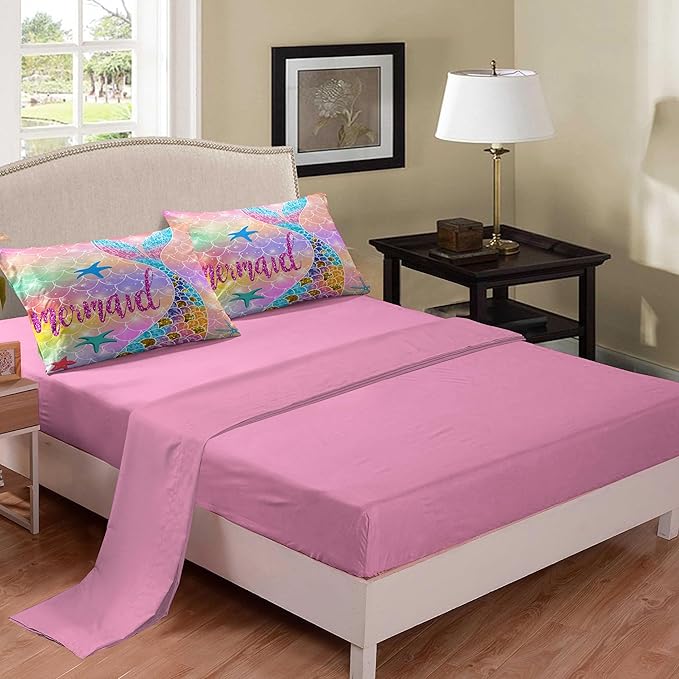 NINENINE Mermaid Comforter 5PCS Full Size Bedding Sets for Girls, Princess Comforter Sets for Girls, Glitter Bedding Set for Girls (1Comforter, 1Flat Sheet, 1Fitted Sheet, 2Pillowcases) - LeafyLoom