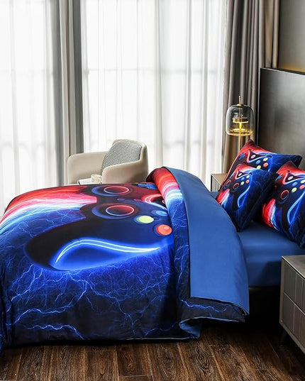 DORCAS Gamer Comforter Sets with Sheets for Boys,Twin Size Gamer Bedding Sets Boys,6 Pieces Lightning Gaming Comforter Set for Boys Kids Teens (Red&Blue, Twin) - LeafyLoom