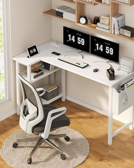 Lufeiya White L Shaped Computer Desk with Power Outlet Shelves, 47 Inch Corner Desk for Home Office Bedroom, L-Shaped Study Writing Working PC Desks, White - LeafyLoom