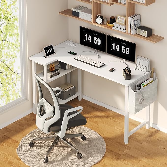 Lufeiya White L Shaped Computer Desk with Power Outlet Shelves, 47 Inch Corner Desk for Home Office Bedroom, L-Shaped Study Writing Working PC Desks, White - LeafyLoom