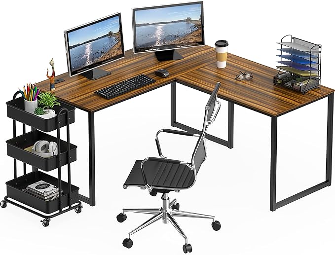 SHW Home Office 55-Inch Large L Shaped Corner Desk, 24" Deep, Walnut - LeafyLoom