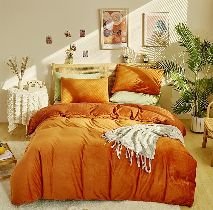 Burnt Orange Velvet Comforter Queen Solid Rust Color Flannel Velvet Bedding Comforter Set All Caramel Colour 3 PCs Shaggy Soft Warm and Durable Flannel Blanket Queen - LeafyLoom