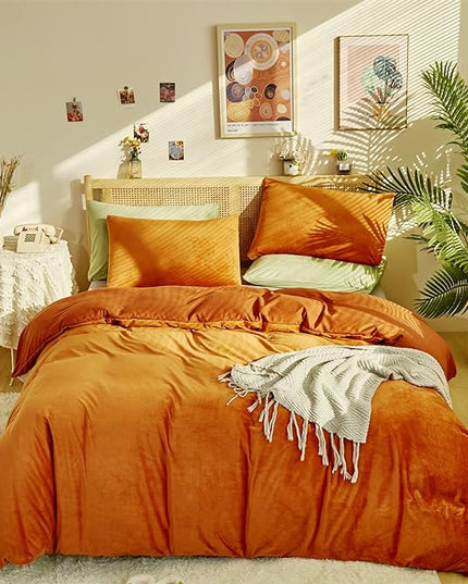 Burnt Orange Color Velvet Comforter Set Cal King Solid Rust Color Flannel Velvet Bedding Comforter Set All Caramel Colour 3 PCs Shaggy Soft Warm and Durable Flannel Blanket Cal King - LeafyLoom