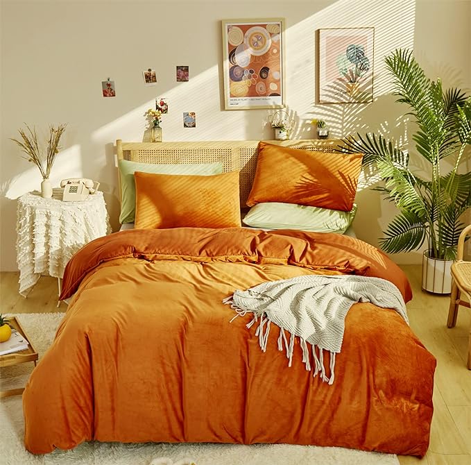 Burnt Orange Color Velvet Comforter Set Cal King Solid Rust Color Flannel Velvet Bedding Comforter Set All Caramel Colour 3 PCs Shaggy Soft Warm and Durable Flannel Blanket Cal King - LeafyLoom