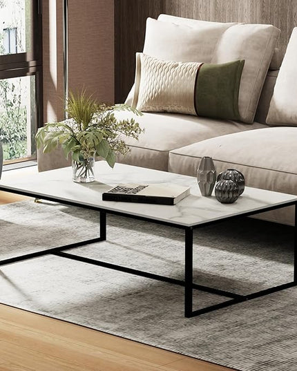 Wisfor Sintered Stone Coffee Table: White Sofa Side Table with Black Metal Frame for Living Room, 39.4x23.6x15.7 Inch - LeafyLoom