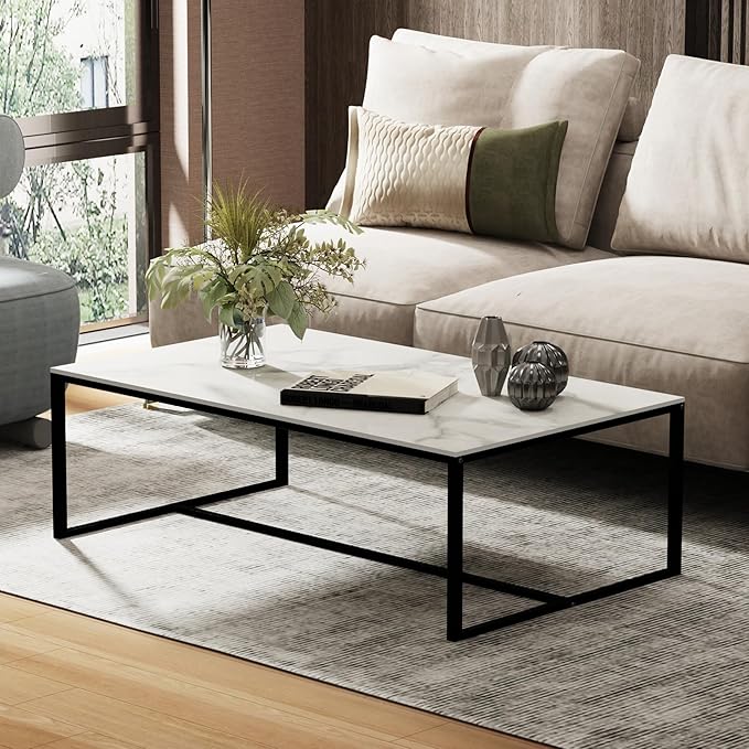 Wisfor Sintered Stone Coffee Table: White Sofa Side Table with Black Metal Frame for Living Room, 39.4x23.6x15.7 Inch - LeafyLoom