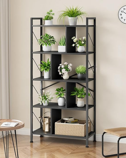 5 Tier Bookshelf with Storage, 61 Inch Tall Industrial Book Shelf with Open Display Bookshelves, 5 Shelf Bookcase with Metal Frame for Living Room, Bedroom and Home Office-Black - LeafyLoom