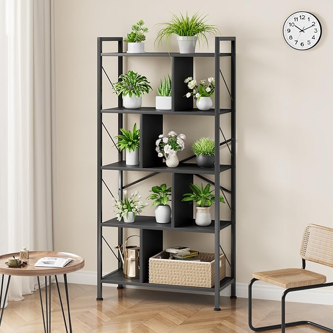 5 Tier Bookshelf with Storage, 61 Inch Tall Industrial Book Shelf with Open Display Bookshelves, 5 Shelf Bookcase with Metal Frame for Living Room, Bedroom and Home Office-Black - LeafyLoom