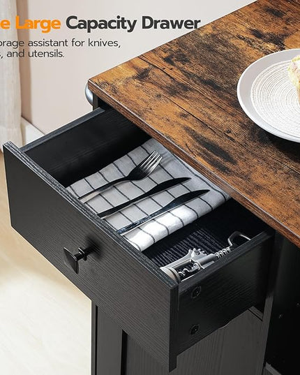 HOOBRO Kitchen Island, Storage Cabinet with Drawer, Kitchen Cart with Spice and Towel Rack, Saving Space, Easy Assembly, for Living Room, Rustic Brown and Black FB12ZD01 - LeafyLoom