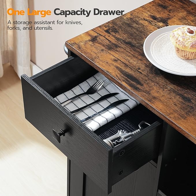 HOOBRO Kitchen Island, Storage Cabinet with Drawer, Kitchen Cart with Spice and Towel Rack, Saving Space, Easy Assembly, for Living Room, Rustic Brown and Black FB12ZD01 - LeafyLoom