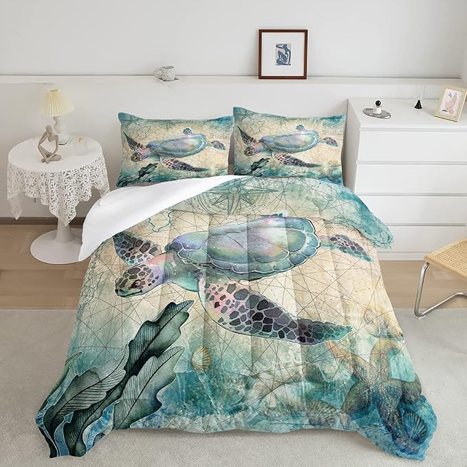 CVHOUSE Sea Turtle Comforter Set,Ocean Sea Turtle Bedding Set for Kids Teens,Ocean Sea Turtle Comforter Sea Turtle Duvet Set Room Decor Quilt Set Twin Size - LeafyLoom