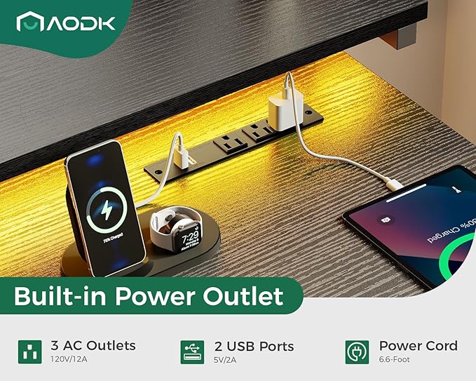 AODK Small Desk, 40 Inch Gaming Desk with LED Lights and Power Outlet, Computer Desk with Adjustable Monitor Shelf (3 Heights), Home Office Table Study Desk Compact Desk for Small Space, Black - LeafyLoom