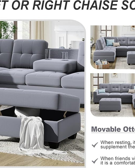 104" Modern L-Shape Sectional Sofa with Reversible Chaise &Storage Ottoman, Velvet Upholstered Couch w/Cup Holder, for Living Room, Apartment, 104 Inch, Gray - LeafyLoom