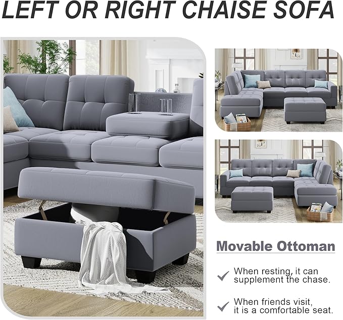 104" Modern L-Shape Sectional Sofa with Reversible Chaise &Storage Ottoman, Velvet Upholstered Couch w/Cup Holder, for Living Room, Apartment, 104 Inch, Gray - LeafyLoom