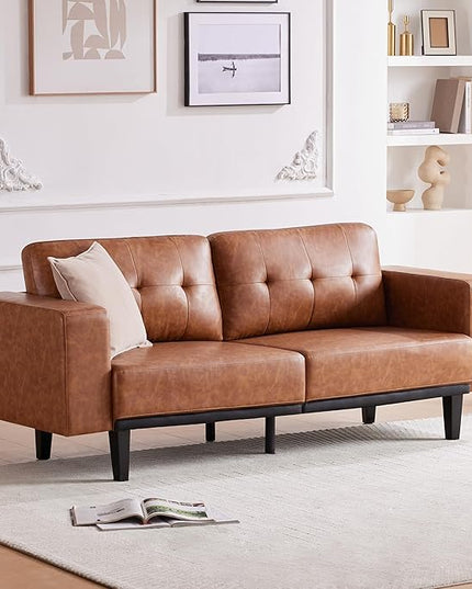 79'' Leather Sofa, 3-Seat Oversized Loveseat Sofa, Mid Century Modern Couch Sofa for Living Room, Deep Brown Faux Leather Couch Bedroom Apartment with Solid Wood Legs Upholstered Cushion, Brown - LeafyLoom
