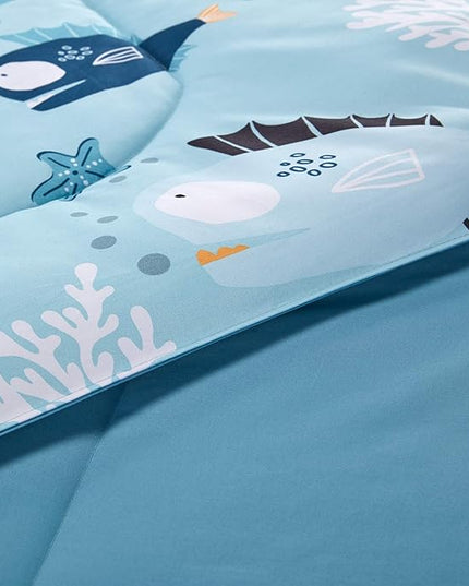 SLEEP ZONE Kids Bedding Comforter Set Full/Queen Size - Super Cute & Soft Kids Bedding 7 Pieces Set with Comforter, Sheet, Pillowcase & Sham (Little Fish) - LeafyLoom