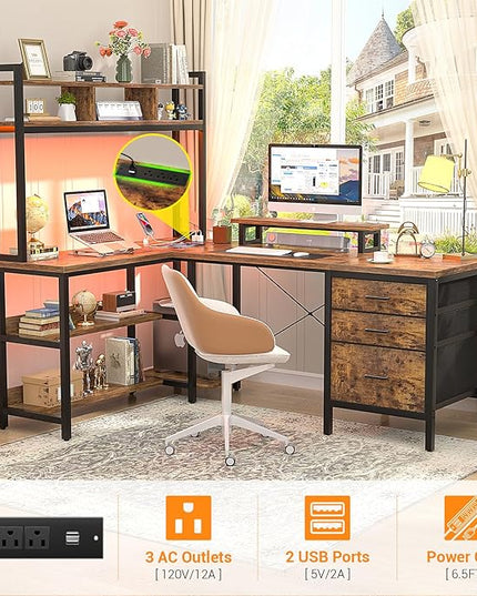 Aheaplus L Shaped Desk with Hutch, Gaming Desk with Led Lights, Reversible Computer Desk with Power Outlet, Corner Desk with File Drawer & Monitor Stand, Storage Shelves for Home, F1, Rustic Brown - LeafyLoom