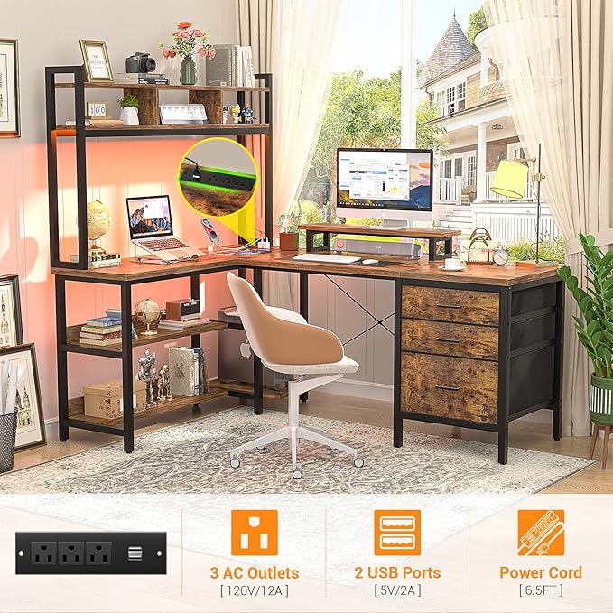 Aheaplus L Shaped Desk with Hutch, Gaming Desk with Led Lights, Reversible Computer Desk with Power Outlet, Corner Desk with File Drawer & Monitor Stand, Storage Shelves for Home, F1, Rustic Brown - LeafyLoom