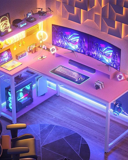 Homieasy Small Gaming Desk with Power Outlets Pegboard LED Light, 51 Inch L Shaped Computer Desk with Monitor Stand Storage Shelves, Reversible Corner Desk with Headset Hooks, Carbon Pink - LeafyLoom