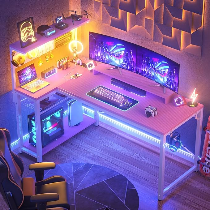 Homieasy Small Gaming Desk with Power Outlets Pegboard LED Light, 51 Inch L Shaped Computer Desk with Monitor Stand Storage Shelves, Reversible Corner Desk with Headset Hooks, Carbon Pink - LeafyLoom
