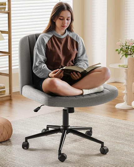 Criss Cross Legged Chair with Wheels, Armless Swivel Wide Padded Height Adjustable Fabric Home Office, Light Grey - LeafyLoom