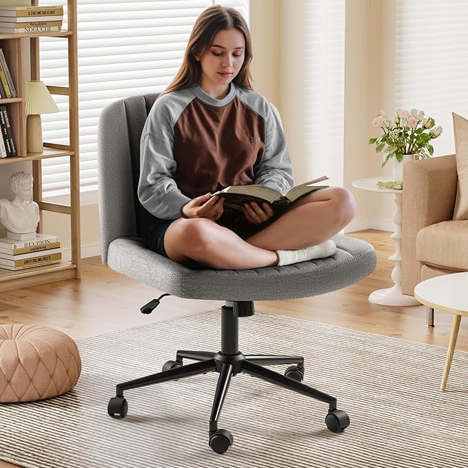 Criss Cross Legged Chair with Wheels, Armless Swivel Wide Padded Height Adjustable Fabric Home Office, Light Grey - LeafyLoom