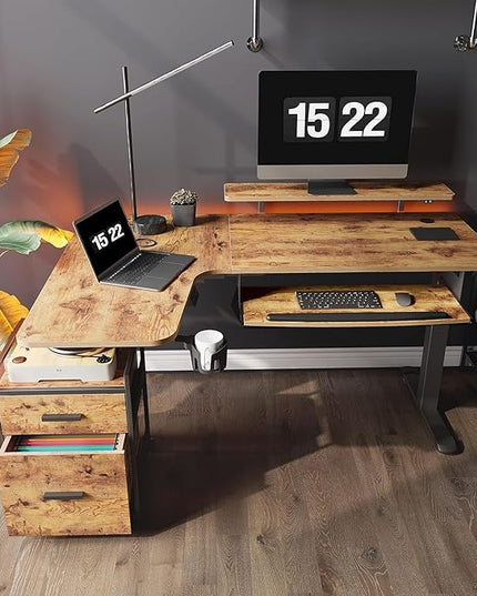 EUREKA ERGONOMIC Standing Desk with Keyboard Tray, Computer Desk, 61" L Shaped Electric Adjustable Height Desk w Monitor Stand LED, Corner Sit Stand Desk Gaming Desk, Dual Motor,Left/Rustic Brown - LeafyLoom