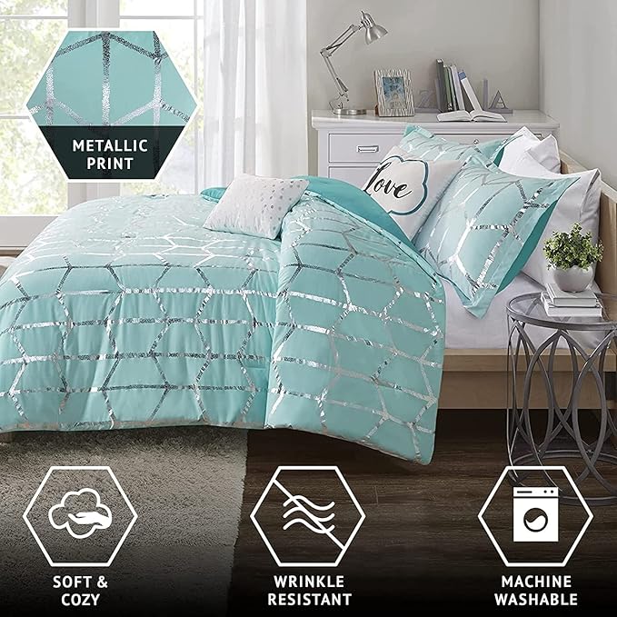 Intelligent Design Raina Full / Queen Comforter Set, Soft Microfiber Comforter Set Queen, Modern Geometric Metallic Bed Set, 5 Pieces College Bedding Comforter Set with 2 Shams, 2 Toss Pillows Aqua - LeafyLoom