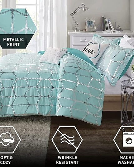 Intelligent Design Raina King / Cal King Comforter Set, Soft Microfiber Comforter Set King, Modern Geometric Metallic Bed Set, 5 Pieces College Bedding Comforter Set with 2 Shams, 2 Toss Pillows Aqua - LeafyLoom
