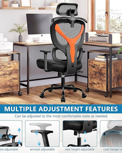 Office Chair Ergonomic Desk Chair Comfy Computer Chair, Big and Tall Home Office Chair with Back Support, Mesh Office Chair High Back Gaming Chair with Adjustable Armrest (Orange) - LeafyLoom