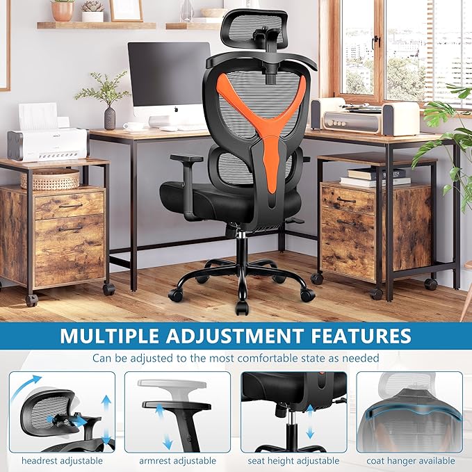 Office Chair Ergonomic Desk Chair Comfy Computer Chair, Big and Tall Home Office Chair with Back Support, Mesh Office Chair High Back Gaming Chair with Adjustable Armrest (Orange) - LeafyLoom