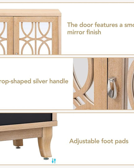 Multifunctional Sideboard with Glass, Vintage 3 Door Mirrored Buffet Cabinet,W/Silver Handle,Easy to Assemble,Console Table for Living Room Hallway Entryway,Natural Wood Wash, 47.2" - LeafyLoom