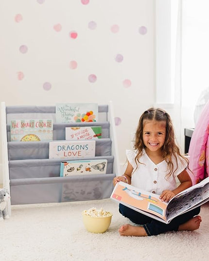 Wildkin Kids Canvas Sling Bookshelf for Boys and Girls, Wooden Design Features Four Fabric Shelves, Keep Bedrooms, Playrooms, and Classrooms Organized, Measures 25 x 24 x 11 Inches (White w/Gray) - LeafyLoom