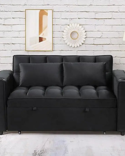 Convertible Sleeper Couch Bed, Black w/ 2 Cup Holder and USB Port - LeafyLoom