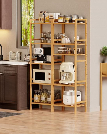 Tall Narrow Bookshelf, 5 Tier Bathroom Shelf Bamboo, Floor Standing Display Storage Organizer for Small Space, Adjustable Shelves, Natural Wood Bookcase - LeafyLoom