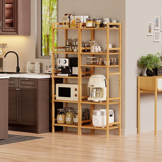 Tall Narrow Bookshelf, 5 Tier Bathroom Shelf Bamboo, Floor Standing Display Storage Organizer for Small Space, Adjustable Shelves, Natural Wood Bookcase - LeafyLoom