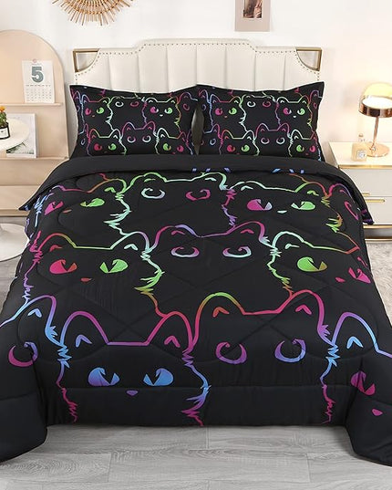 ENCOFT Kids Bedding Set Cat Comforter Set Full for Girls and Boys 3 Piece Cartoon Bed Set Black Comfortable and Breathable All Season for Teens and Adults Room Decor with 1 Comforter and 2 Pillowcases - LeafyLoom