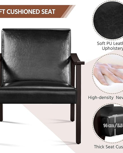 Yaheetech PU Leather Accent Chair, Mid-Century Modern Armchair with Solid Wood Legs, Reading Leisure Chair with High Back for Living Room Bedroom Waiting Room, Black - LeafyLoom
