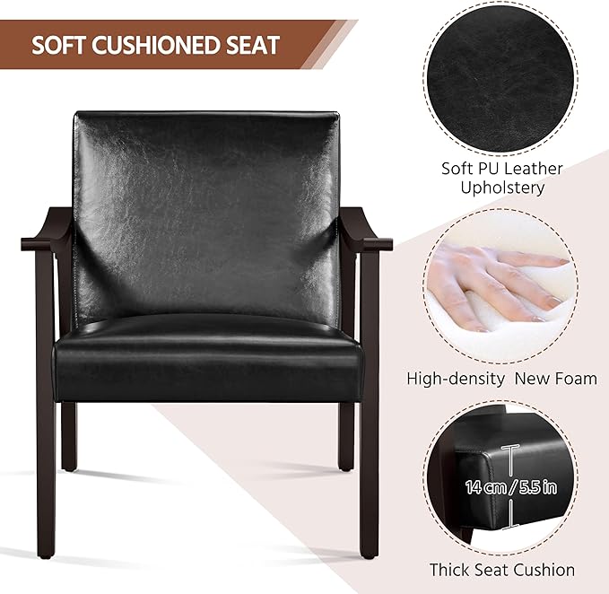 Yaheetech PU Leather Accent Chair, Mid-Century Modern Armchair with Solid Wood Legs, Reading Leisure Chair with High Back for Living Room Bedroom Waiting Room, Black - LeafyLoom