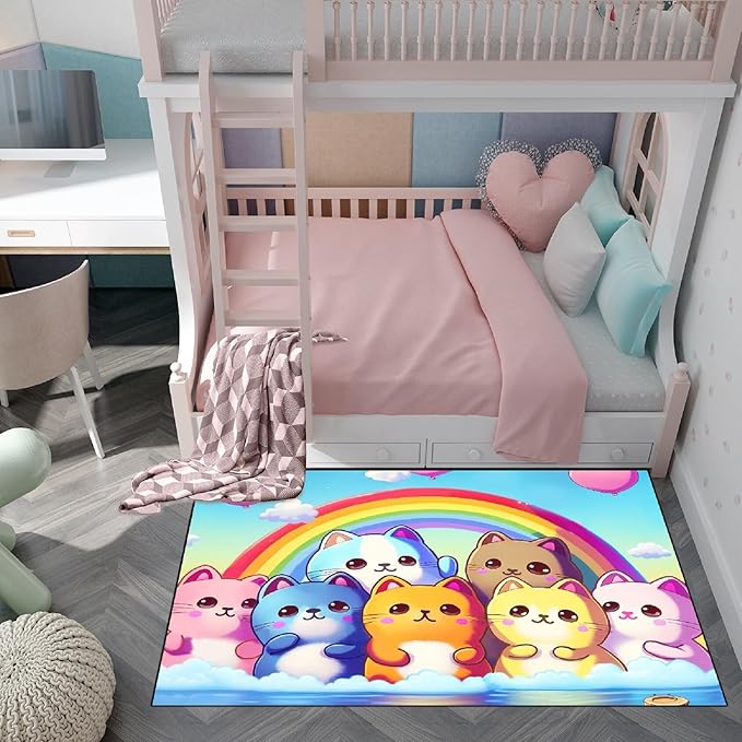 Cat Rainbow Rug for Girls Bedroom - Colorful Cat Area Rug Cat Rainbow Printed Carpet for Kids Room Cute Cartoon Cat Rug Home Decor, 3x4 Feet - LeafyLoom