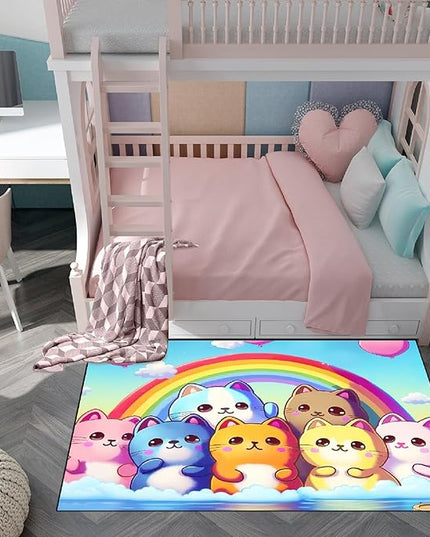 Cat Rainbow Rug for Girls Bedroom - Colorful Cat Area Rug Cat Rainbow Printed Carpet for Kids Room Cute Cartoon Cat Rug Home Decor, 4x5 Feet - LeafyLoom