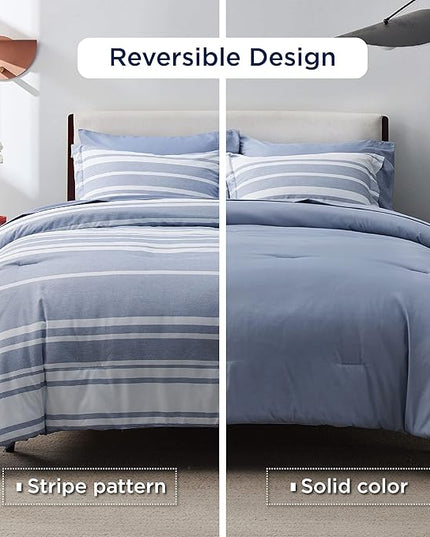 Bedsure Bed in a Bag Queen 7 Pieces - Blue Striped Comforter Set Queen All Season Bed Set, Bed Set Queen Size with 1 Comforter, 1 Flat Sheet, 1 Fitted Sheet, 2 Pillowcases & 2 Shams - LeafyLoom