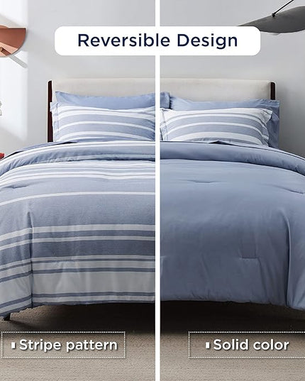 Bedsure California King Comforter Set 7 Pieces, Blue White Striped Bedding Comforter Sets All Season Bed Set, Bed in a Bag with Comforter, Sheets, Pillowcases & Shams - LeafyLoom