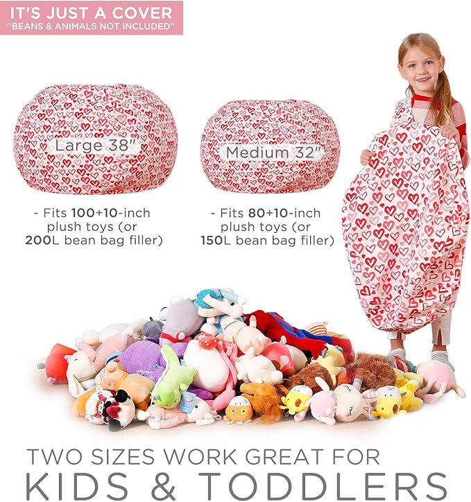 Aubliss Stuffed Animal Bean Bag Storage Chair, Beanbag Covers Only for Organizing Plush Toys, Turns into Bean Bag Seat for Kids When Filled, Large 38"-Canvas Pattern Heart - LeafyLoom