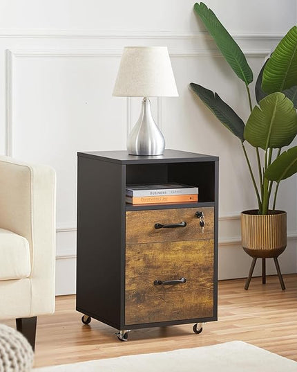 Yaheetech File Cabinet, Under Desk Vertical Cabinet With 2 Drawers and Open Compartment, Printer Stand with Lockable Wheels for A4 Letter Size Hangable File Folders for Home Office(Black/Rustic Brown) - LeafyLoom