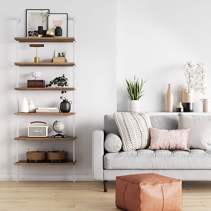 Nathan James Theo 6-Shelf Tall Bookcase, Wall Mount Bookshelf with Natural Wood Finish and Industrial Metal Frame, Rustic Oak/White - LeafyLoom