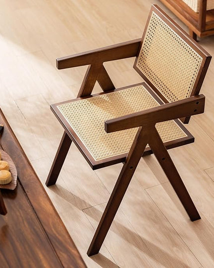 Rattan Accent Chairs, Modern Mid Century Dining Chairs Set of 2, Comfy Armchairs, Outdoor Rattan Chairs with Armrest for Bedroom Living Room Reading Room Dining Kitchen, Brown - LeafyLoom