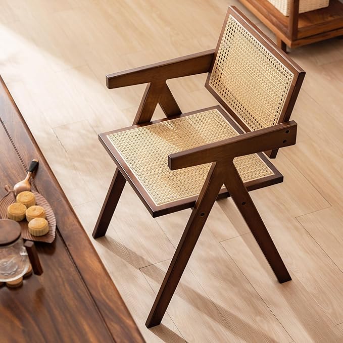 Rattan Accent Chairs, Modern Mid Century Dining Chairs Set of 2, Comfy Armchairs, Outdoor Rattan Chairs with Armrest for Bedroom Living Room Reading Room Dining Kitchen, Brown - LeafyLoom