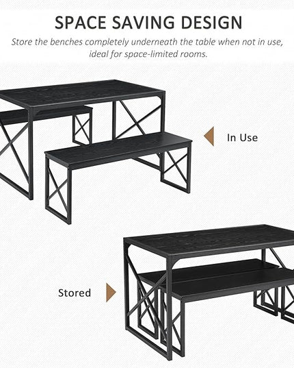 VECELO 55" Kitchen Table Set for 6, Wood Dining Room Dinette 2 Benches with Metal Frame for Breakfast Nook and Small Space, Black - LeafyLoom